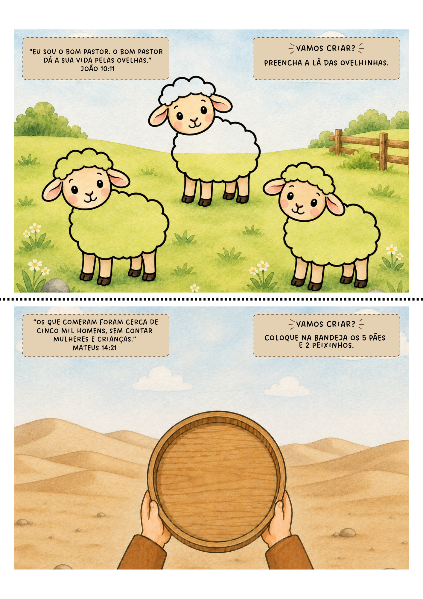 Página de atividades criativas: ovelhinhas e multiplicação dos pães e peixes